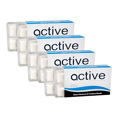 Active Denture Chewing Gum – Sugar-Free, Xylitol Chewing Gum for Dentures & Tooth Implants – No Stick – Freshens Breath – Gum for Dental Health – 4-Pack, 80 pcs