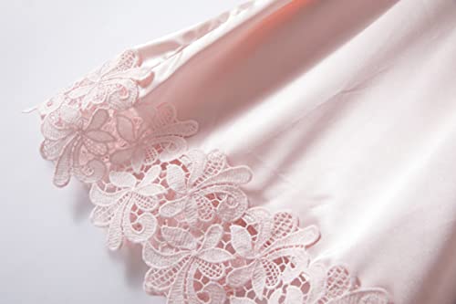 Crystal Dew Women\'s Lace Trim Bride Kimono Robes with Embroidery Bridal Silky Satin Bathrobe Wedding Party Sleepwear, bridesmaid, pink