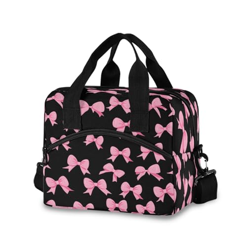 ALAZA Pink Bow Black Lunch Box for Men Women Adults Insulated Lunch Bag Cooler Bag with Adjustable Shoulder Strap for Work Picnic Travel