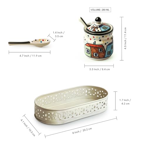 Image of ExclusiveLane 'The Hut' Ceramic Pickle Jars for Dining Table Ceramic Container With Spoons & Iron Tray(Non Air-Tight,Set Of 2,280 ml)|Ceramic Jars for Kitchen Storage Pickle Jar for Storage,Multicolor