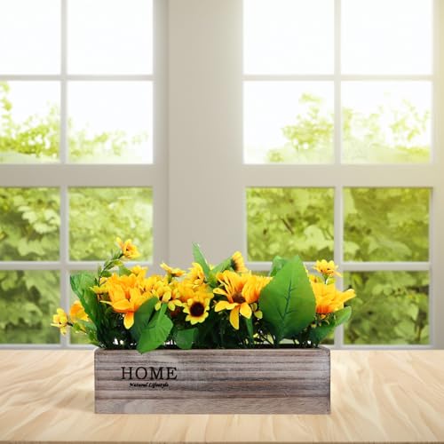 Tournesol artificiel en pot bois rectangulaire pour centre de table