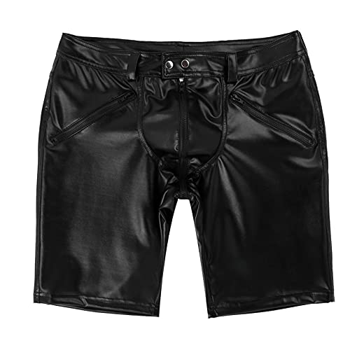 Renvena Black Mens Faux Leather Boxer Shorts Zipper Bulge Pouch Pants Hip Hop Clubwear Shorts Black X-Large #TOP4