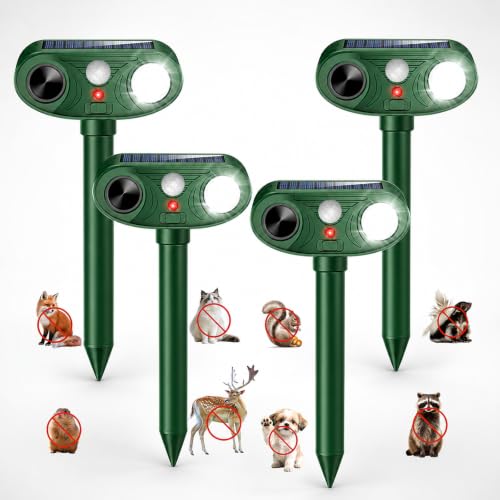 4-Pack 2026 Upgraded Solar Ultrasonic Animal Repellent Outdoor for Yard | Motion Activated Deer Repellent Devices Waterproof Cat Repellent Outdoor Raccoon Squirrel Rabbit Dog Skunk Bird Deterrent