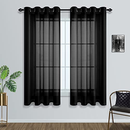 Black Sheer Curtains 45 Inches Long For Kitchen Bedroom Basement Window 2 Panels Grommet Faux Linen Semi Translucent Short Curtains For Small Windows Bathroom 45 Inch Length Halloween Gothic Decor #TOP1