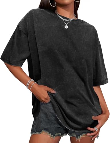 Oversized Tshirts for Women Short Sleeve Crew Neck Vintage Washed Basic Loose Casual Tees