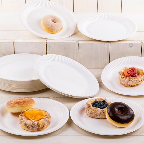 HEKU Einwegteller aus Pappe, Ø 23 cm, 100 Stück – stabile 220g/m² Frischfaser – 100% kompostierbar & umweltfreundlich – weiße Pappteller für Partys, Feiern & Feste, Weiß