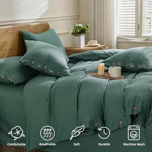 Image of JELLYMONI Cotton Duvet Cover Queen Size - Dark Green Comforter Cover with Button 100% Washed Cotton 3PCS Breathable Soft Solid Bedding Set Duvet Cover 90x90in & 2 Pillowcases (NO Comforter)