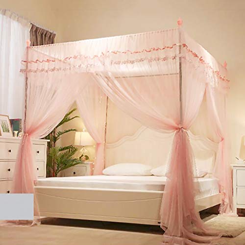 Asdfgh Encryption Landing Princess Bed Canopy, European Style 4 Corners Post Bed Canopy Curtains Kids Mosquito Netting, Three Openings-Pink 200X220Cm(79X87Inch) #TOP8