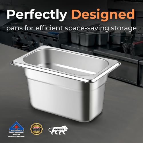 Image of HS Stainless Steel GN Pan Ninth Size 1 /9 100mm Depth 0.8L Capacity Anti-Jam Design 100% BIS Certified Raw Material European Standard Made in India 17.6 x 10.8 x 10 cm Professional Kitchen Grade