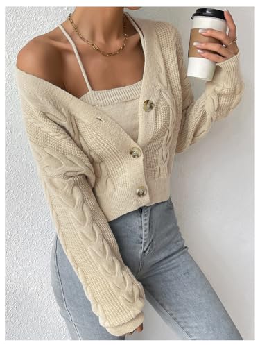 Image of MakeMeChic Women's Two Piece Outfit Cable Knit Cropped Cardigan Sweater and Cami Crop Top Set Apricot Medium