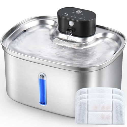 Wireless Cat Water Fountain Stainless Steel, 169oz/5L Cordless Smart Pet Water Fountain with 5000mAh Battery & Ultra Quiet Pump, Automatic Pet Water Dispenser for Cats & Dogs, 3 Filters