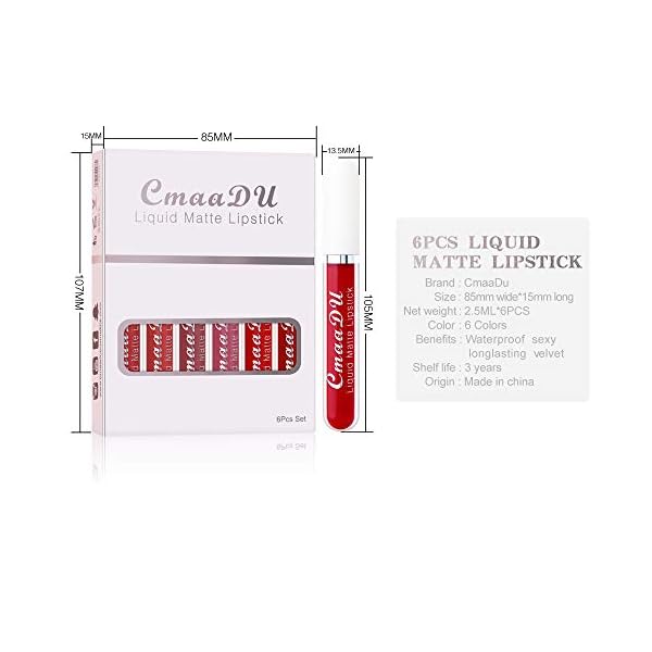 evpct CmaaDu 6Pcs Lipstick Matte Liquid Lipstick Lipgloss Set for Women, Dark Deep Bright Ruby Sexy Brick Red Mauve labiales mate 24 horas originales matte larga duracion 24 Hour Lipstick Long Lasting