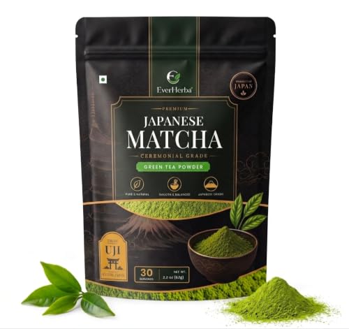 EverHerba Japanese Matcha Powder, Premium First Harvest Uji Kyoto Ceremonial Grade Green Tea Matcha, Stone Ground Pure Matcha Powder, 30 Servings, 2.2 oz (62 g) - Smooth for Lattes