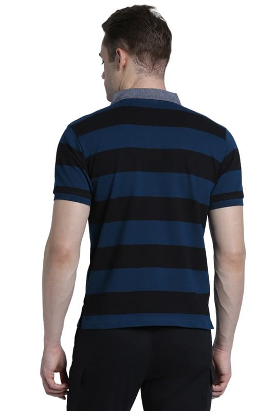 Image of Dennis Lingo Men's Cotton Grey Stripes Regular Fit Button-Down Half Sleeve Polo Tshirt