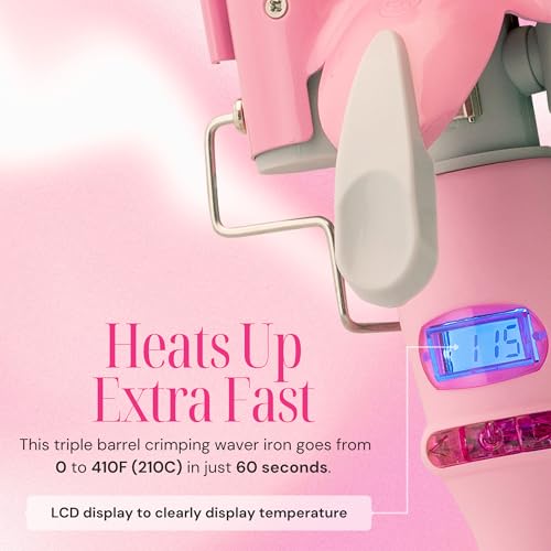 Image of Alure Three Barrel Curling Iron Wand Hair Waver with LCD Temperature Display - 1 Inch Ceramic Tourmaline Triple Barrels, Dual Voltage Crimp (White /Pink)