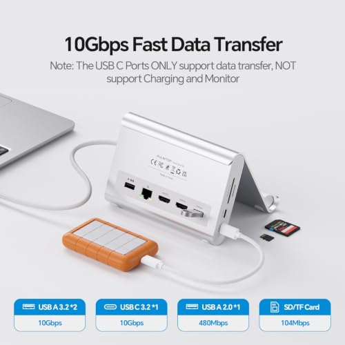 Image of USB C Docking Station Dual Monitor for MacBook Pro /Air, 11-in-1 MacBook Docking Station with Stand, 2X 4K@60Hz HDMI, 100W PD, Ethernet, SD /TF, 10Gbps USB A /C for M5 /M4 /M3 Pro /Max - Silver