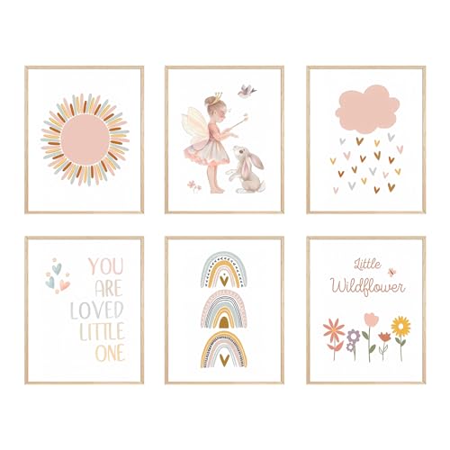 Image of FSZSEES Girls Room Wall Art Prints Set of 6 Nursery Wall Decor Boho Sun Rainbow Canvas Prints You Are Loved Little One Children Bedroom Poster 8x10 Inch, Unframed