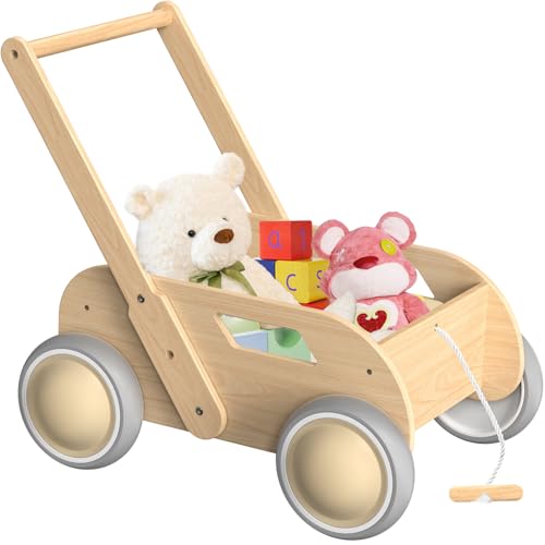 Lauflernwagen Holz, Baby Lauflernhilfe für Junge und Mädchen, Toddler Push & Pull Lauflernspielzeug, Kinderwagen aus Holz, Baby Walker mit Rädern, Geschenk für Geburtstag Weihnachten, Naturfarbe
