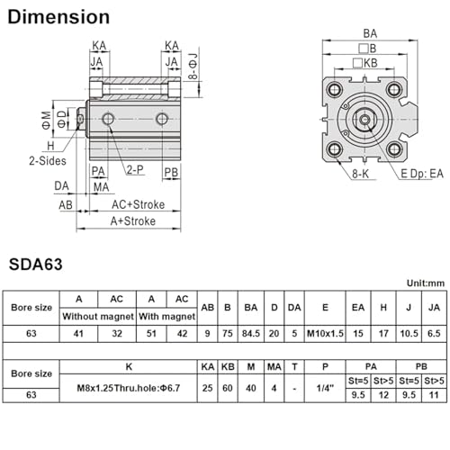 Cylindre pneumatique SDA63x40 à double action avec capteur CS1-J