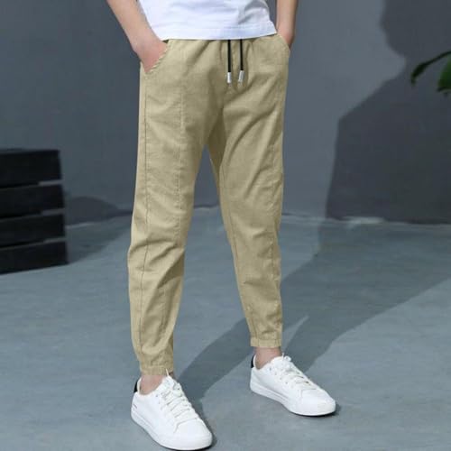 2 Pack Boys Linen Jogger Pants Summer Chino Pants Drawstring Trousers Lightweight Athletic Casual Pant School Uniform3