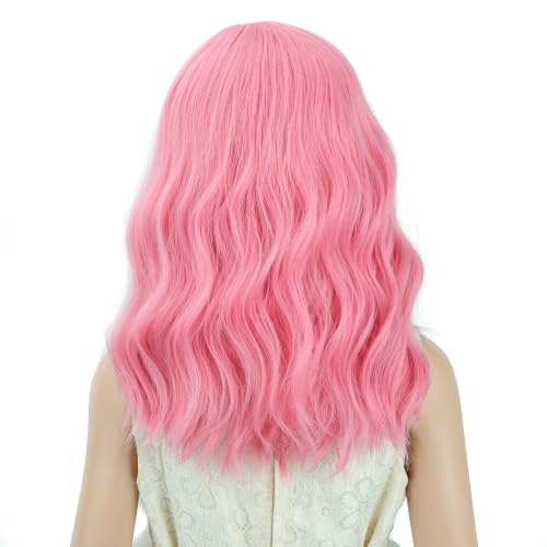 Image of PATTNIUM Light Pink Short Curly Wavy Wigs for Kids Girls Side Part Shoulder Length Heat Resistant Synthetic Wig Halloween Cosplay Costume Party Wigs
