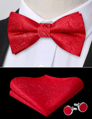 Image of HISDERN Bow Ties for Men Pre-Tied Bow Tie Floral Paisley Handkerchief Classic Formal Bowtie and Pocket Square Cufflinks Set