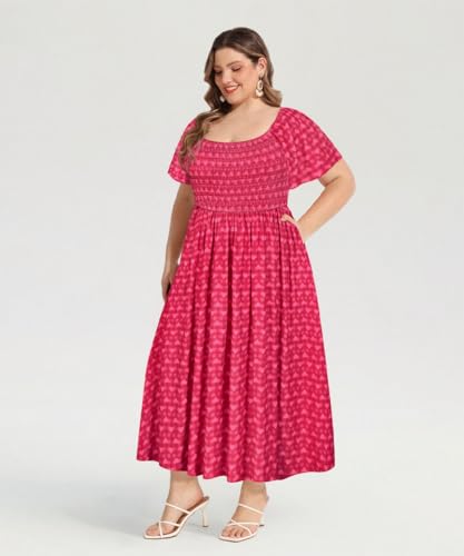 Image of RITERA Plus Size Dresses for Curvy Women Square Neck Short Sleeve Summer Floral Smocked Maxi Dress with Pocket XL-5XL