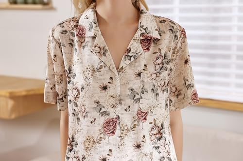 Image of YiNi LuLu Womens Silk Satin Shorts Pajamas Set Button Down 2 Piece Pjs Short Sleeve Oversized Sleepwear with Pockets