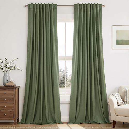 MIULEE Linen 100% Blackout Curtains 84 Inch Length 2 Panels, Olive Green Back Tab Pleat Hook Belt Clip Rings Thermal Insulated Drapes for Bedroom Living Room Black Out Light Blocking Window Curtains