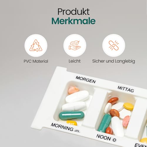 Pillenbox mit 4 Fächern – BPA-frei – Packung mit 10 Stück, Medikamenten-Organizer, viermal täglich – morgens, mittags, abends und vor dem Schlafengehen für den täglichen Gebrauch | (weiß)