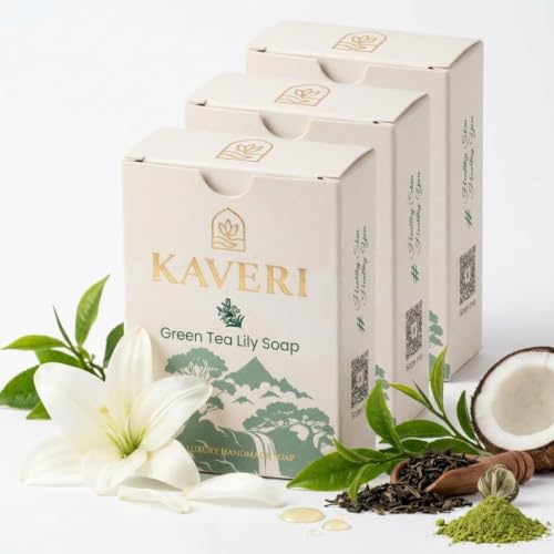 Image of KAVERI Green Tea & Lily Handmade Soap Bar - Cold-Processed Antioxidant Bar, SLS-Free - Pack of 3 (3 x 110g)