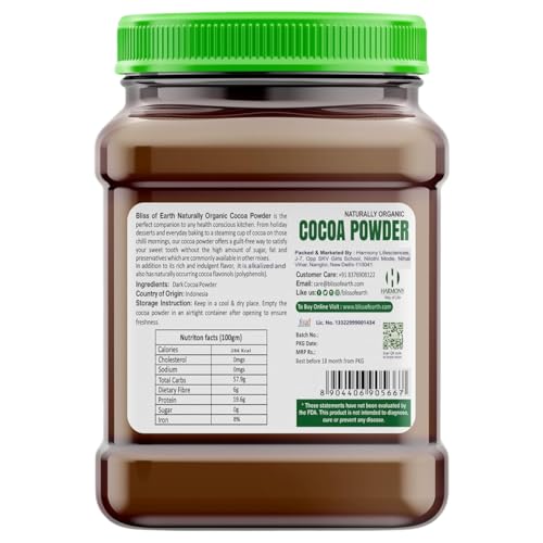 Bliss of Earth 500gm Alkalized Dark Cocoa Powder for Chocolate Cake Making & Chocolate Hot Milk Shake, Unsweetened