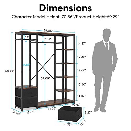 Tribesigns Freestanding Closet Organizer With 2 Drawers, 59 Inch Heavy Duty Clothes Garment Rack With Shelves And Double Hanging Rod, Metal Clothing Rack Wardrobe For Bedroom, Rustic Brown #TOP6