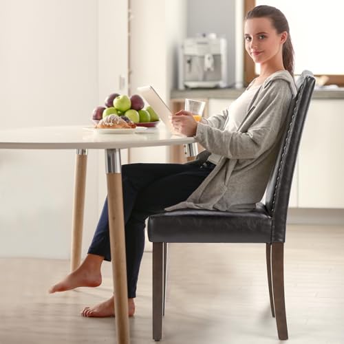 DUMOS Upholstered Dining Chairs,Set of 2 PU Leather Dining Room Kitchen Chair with Nailhead Trim and Wood Legs, Modern Side Chairs for Living Room-Brown