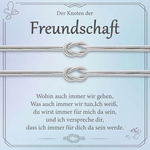 J.Fée 2PCS Freundschaftsarmbänder Set, Knoten Armband Damen Silber 925, Modisch Freundschaftsarmband Freundschaft Armbänder Verstellbare, Freundschaftsgeschenke Für Frauen Männer Partner, Silber