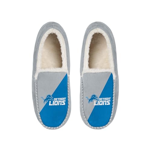 FOCO NFL Unisex-Adult Officially Licensed Color Block Primary Logo Sherpa Lined Moccasin Slippers (Detroit Lions US Mens Size 9-10/Womens Size 11-12)