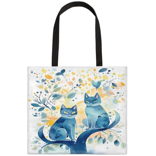 Mularoka Watercolor Cat Tree Square Canvas Tote Bag Top Handle Purses Stylish Women Canvas Shoulder Tote Bags Reusable Handbags for Work Travel Picnic Beach Shopping Gym Hiking