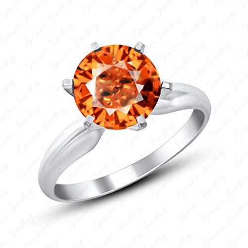 925 Sterling Silver 14k White Gold Filled Round Orange Sapphire Women's Solitaire Ring