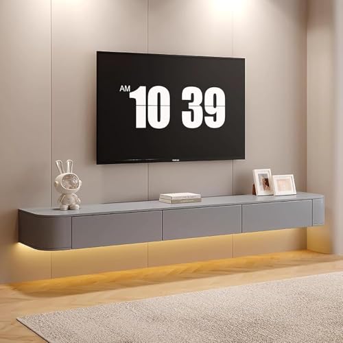 Image of Floating TV Stand Wall Mounted - Wall Entertainment Center with Flip-Down Doors & Drawers, Modern Hanging TV Shelf for Living Room, Media Console for 65 /75 80 Inch TVs (Grey, 71IN /180CM)