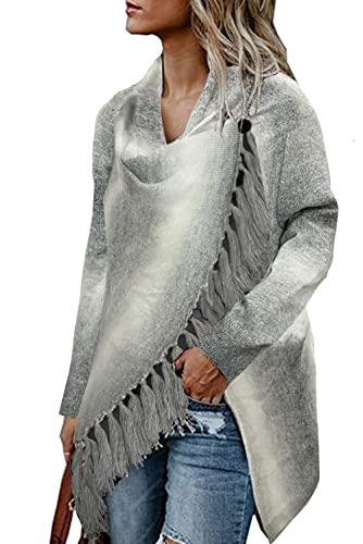 Image of Women's Open Front Knited Tassels Slash Loose Cardigan Crew Neck Speckled Fringe Sweater Outwear