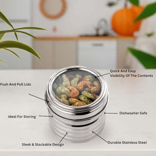Image of Sizzle Roxy Stainless Steel Container Set with See Through Lid, Multipurpose Kitchen Storage Dabba for Spices, Grains, Dry Fruits | Leak-Proof Food Storage Organizer |460ML - 3 pcs