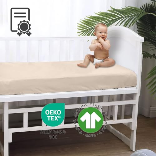 %100 Pamuk Penye, Lastikli Full Kenar Bebek Çarşafı – Oeko-tex Sertifikalı, Yumuşak ve Nefes Alabilir, Organik Pamuk, Anne Yanı, Çocuk Beşik Çarşafı (Bej)