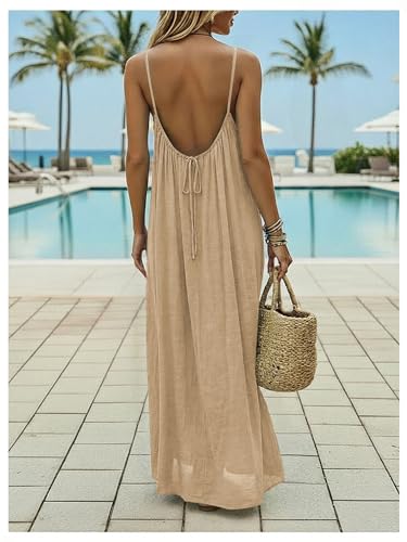 Image of SHENHE Women's Open Back Spaghetti Strap Beach Maxi Dress Loose Flowy Vacation Sundress