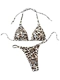 WDIRARA Women's 2 Pieces Cow Print Bikini Set Halter Swimsuit High Cut Bathing Suit Multicolor Leopard Small