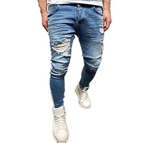 Men Jeans Daoroka Men's Ripped Slim Fit Straight Denim Motorcycle with Broken Holes Younger-Looking Pants (28, Blue 5)