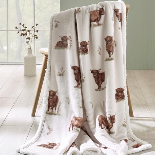 Catherine Lansfield Angus Highland Cow Cosy Fleece 130x170cm Blanket Throw Natural