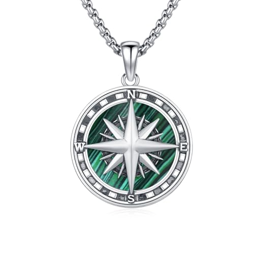Collier boussole en argent et malachite véritable, finition haut de gamme