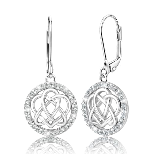 Celtic Knot Earrings for Women Sterling Silver Trinity Love Knot Leverback Earrings Cubic Zirconia Witches Knot Circle Dangle Earrings Lightweight Earring Irish Celtic Jewelry Gift for Birthday