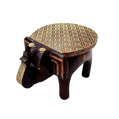 Orbit Art Gallery Taburete de madera con forma de elefante, hecho a mano y pintado a mano, con estampado de rajasthani, 20 cm, marrón y dorado Cover