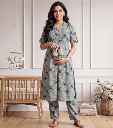 Image of DUMMY SHAPE Feeding Dresses for Women Full Set | Cotton Blend Maternity Kurta Pant Suit with Dual Nursing Zippers, Side Pocket to Pre & Post Pregnancy | Mom to Be Gifts